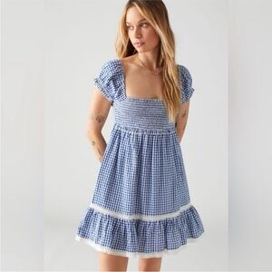 Urban Outfitters Blue Gingham Smocked Square-Neck Mini Dress